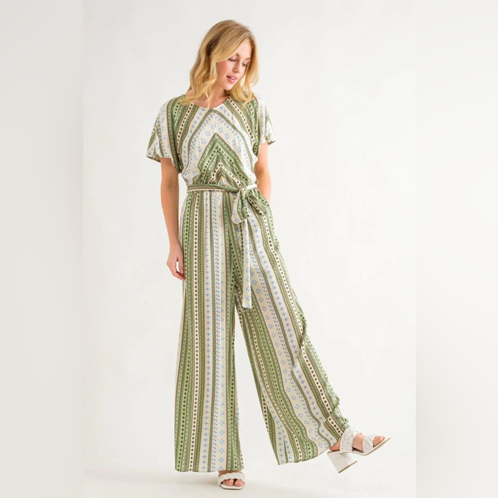 Border Print Short Sleeve Jumpsuit in Sage Green